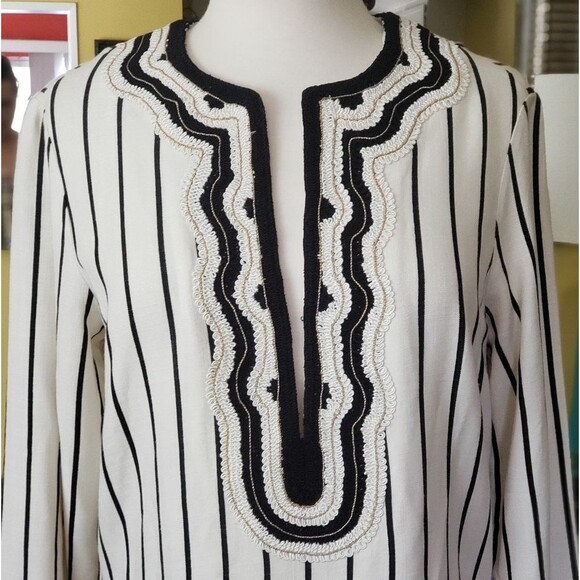 Tory Burch Striped Ivory/Black Stripe Filipa Embroidered Trim Tunic/Top - Picture 4 of 8